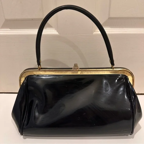 Delicato By Markay Vintage Black Patent Leather Handbag Purse - Picture 3 of 9